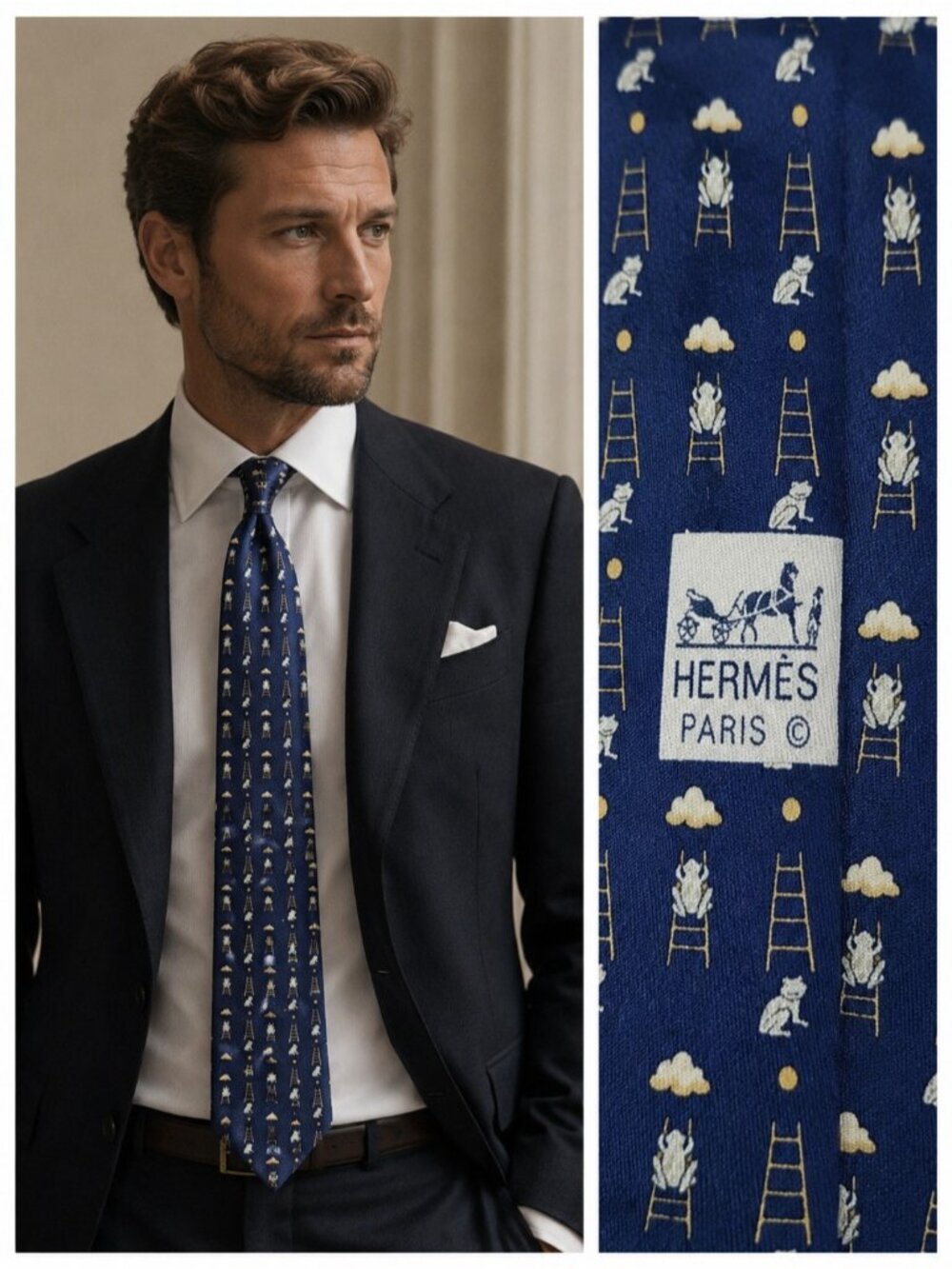 Hermès Paris 100% Silk Tie Blue Cat Ladder Novelty Print Made in France 7860 UA
